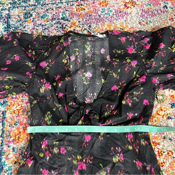Pam & Gela Neon Ditsy Dress‎ Tie Front Puff Sleeve Mini sz P - Picture 15 of 16
